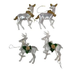 VTG Ganz Set Of 4 Christmas Reindeer Ornaments Gold & Green Accents - 4" Lot